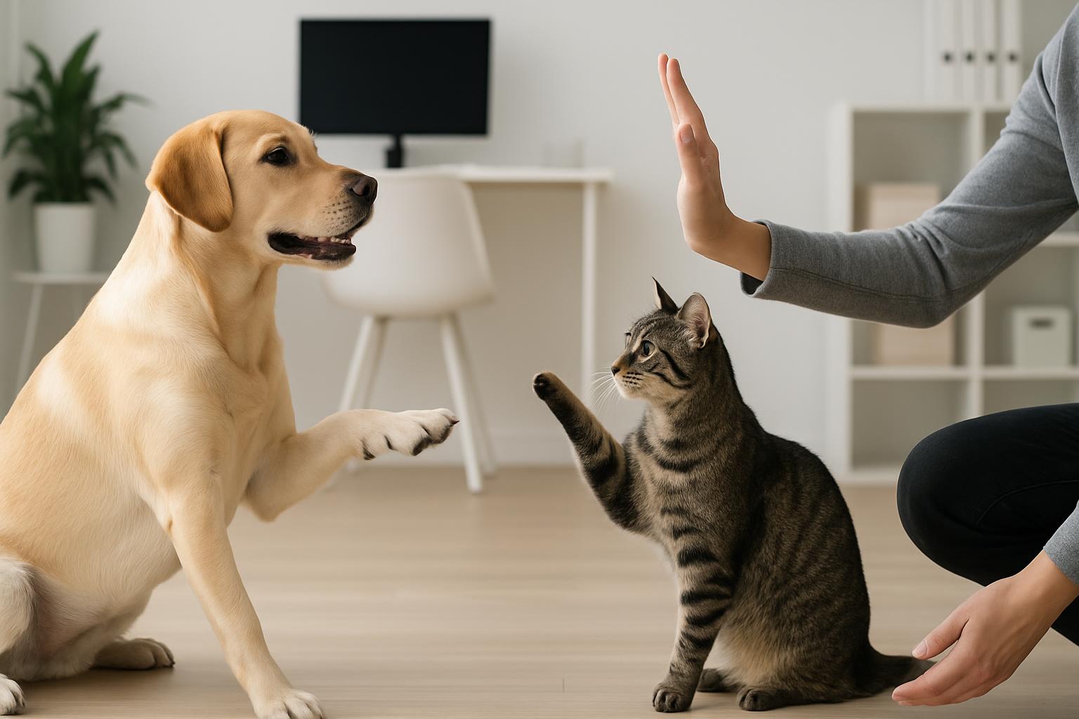 Trained dog and relaxed cat together on living room rug